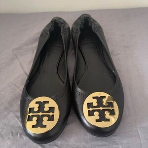 Tory Burch Reva Black Ballet Flats with Gold Emblem